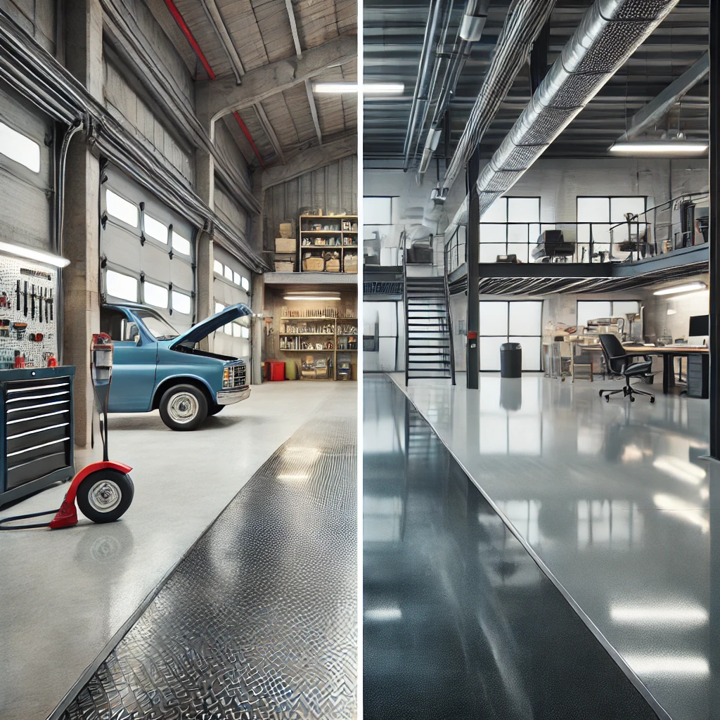DALL·E 2024-12-17 10.42.54 - A side-by-side comparison of epoxy flooring and resin flooring, showcasing their textures, finishes, and applications in industrial and commercial set ware house building split